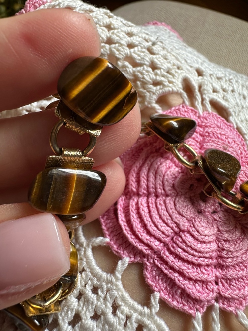 Tiger's Eye Stone Link Bracelet - Brown & Gold Tones